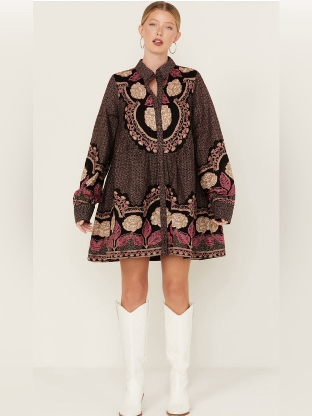 Free People Smell The Roses Floral Boho Mini Dress Long Sleeve Size S